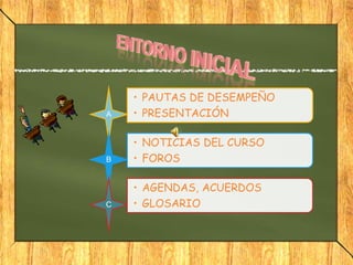 A
• PAUTAS DE DESEMPEÑO
• PRESENTACIÓN
B
• NOTICIAS DEL CURSO
• FOROS
C
• AGENDAS, ACUERDOS
• GLOSARIO
 