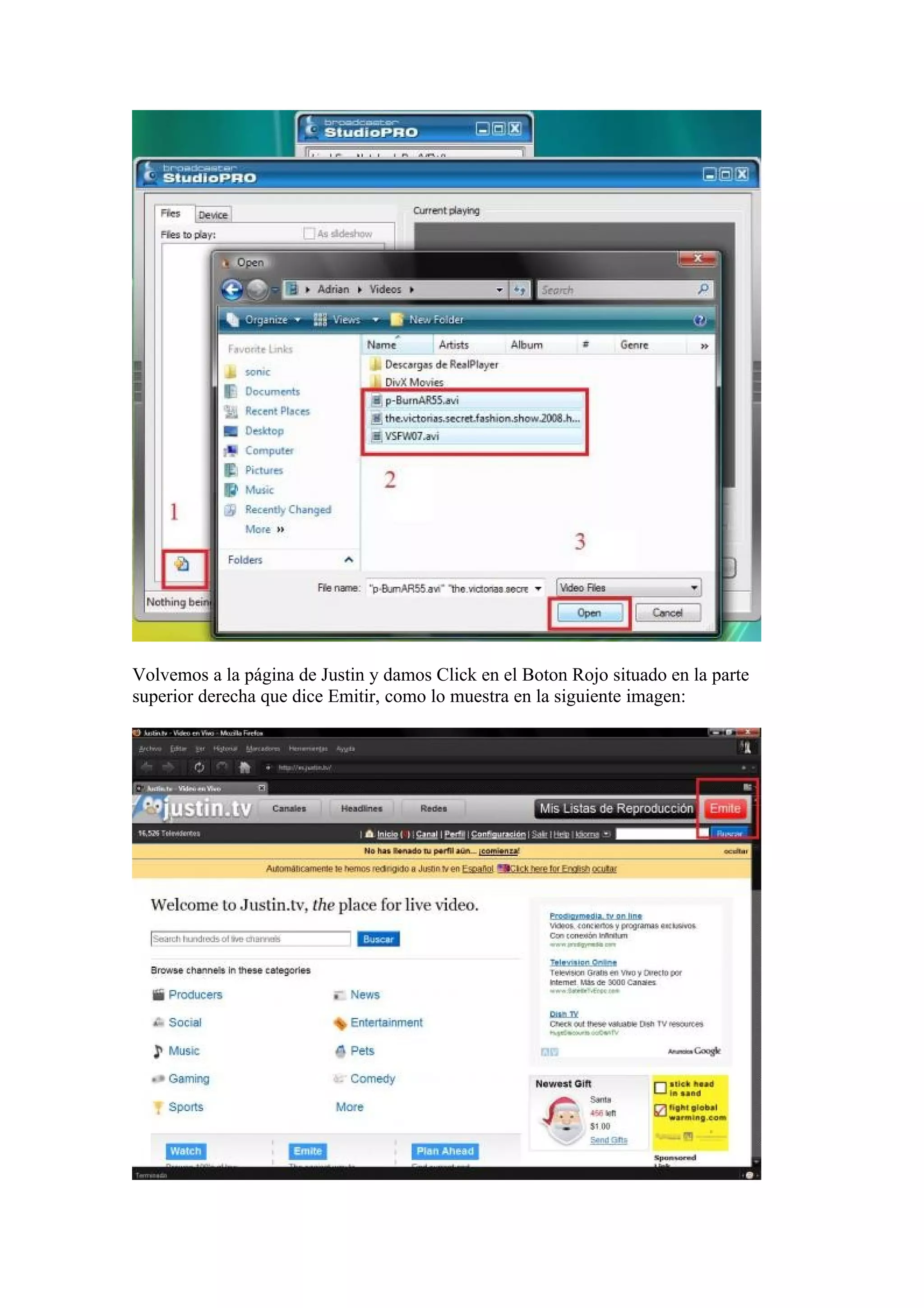 Volvemos a la página de Justin y damos Click en el Boton Rojo situado en la parte
superior derecha que dice Emitir, como lo muestra en la siguiente imagen:
 
