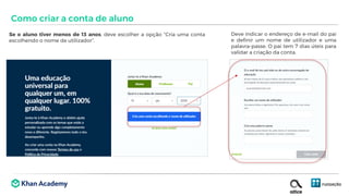 Se o aluno tiver menos de 13 anos, deve escolher a opção “Cria uma conta
escolhendo o nome de utilizador”.
Como criar a conta de aluno
Deve indicar o endereço de e-mail do pai
e definir um nome de utilizador e uma
palavra-passe. O pai tem 7 dias úteis para
validar a criação da conta.
 