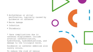 • Arrhythmias or atrial
perforation, typically caused by
guidewire or catheter
• Nerve damage
• Infection
• Thrombosis
* Rare complications due to
catheter misplacement include
arterial catheterization,
hydrothorax, hydromediastinum, and
damage to the tricuspid valve.
Guidewire or catheter embolism also
rarely occurs.
To reduce the risk of venous
17
 