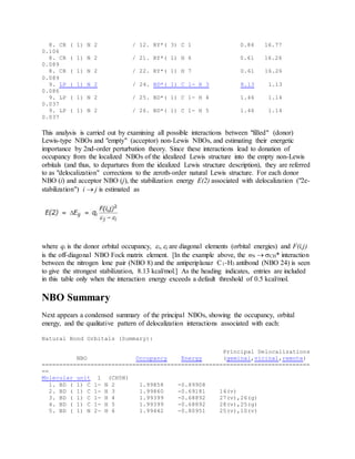 8. CR ( 1) N 2 / 12. RY*( 3) C 1 0.84 16.77
0.106
8. CR ( 1) N 2 / 21. RY*( 1) H 6 0.61 16.26
0.089
8. CR ( 1) N 2 / 22. RY*( 1) H 7 0.61 16.26
0.089
9. LP ( 1) N 2 / 24. BD*( 1) C 1- H 3 8.13 1.13
0.086
9. LP ( 1) N 2 / 25. BD*( 1) C 1- H 4 1.46 1.14
0.037
9. LP ( 1) N 2 / 26. BD*( 1) C 1- H 5 1.46 1.14
0.037
This analysis is carried out by examining all possible interactions between "filled" (donor)
Lewis-type NBOs and "empty" (acceptor) non-Lewis NBOs, and estimating their energetic
importance by 2nd-order perturbation theory. Since these interactions lead to donation of
occupancy from the localized NBOs of the idealized Lewis structure into the empty non-Lewis
orbitals (and thus, to departures from the idealized Lewis structure description), they are referred
to as "delocalization" corrections to the zeroth-order natural Lewis structure. For each donor
NBO (i) and acceptor NBO (j), the stabilization energy E(2) associated with delocalization ("2e-
stabilization") i  j is estimated as
where qi is the donor orbital occupancy, i, j are diagonal elements (orbital energies) and F(i,j)
is the off-diagonal NBO Fock matrix element. [In the example above, the nN  CH* interaction
between the nitrogen lone pair (NBO 8) and the antiperiplanar C1-H3 antibond (NBO 24) is seen
to give the strongest stabilization, 8.13 kcal/mol.] As the heading indicates, entries are included
in this table only when the interaction energy exceeds a default threshold of 0.5 kcal/mol.
NBO Summary
Next appears a condensed summary of the principal NBOs, showing the occupancy, orbital
energy, and the qualitative pattern of delocalization interactions associated with each:
Natural Bond Orbitals (Summary):
Principal Delocalizations
NBO Occupancy Energy (geminal,vicinal,remote)
=============================================================================
==
Molecular unit 1 (CH5N)
1. BD ( 1) C 1- N 2 1.99858 -0.89908
2. BD ( 1) C 1- H 3 1.99860 -0.69181 14(v)
3. BD ( 1) C 1- H 4 1.99399 -0.68892 27(v),26(g)
4. BD ( 1) C 1- H 5 1.99399 -0.68892 28(v),25(g)
5. BD ( 1) N 2- H 6 1.99442 -0.80951 25(v),10(v)
 