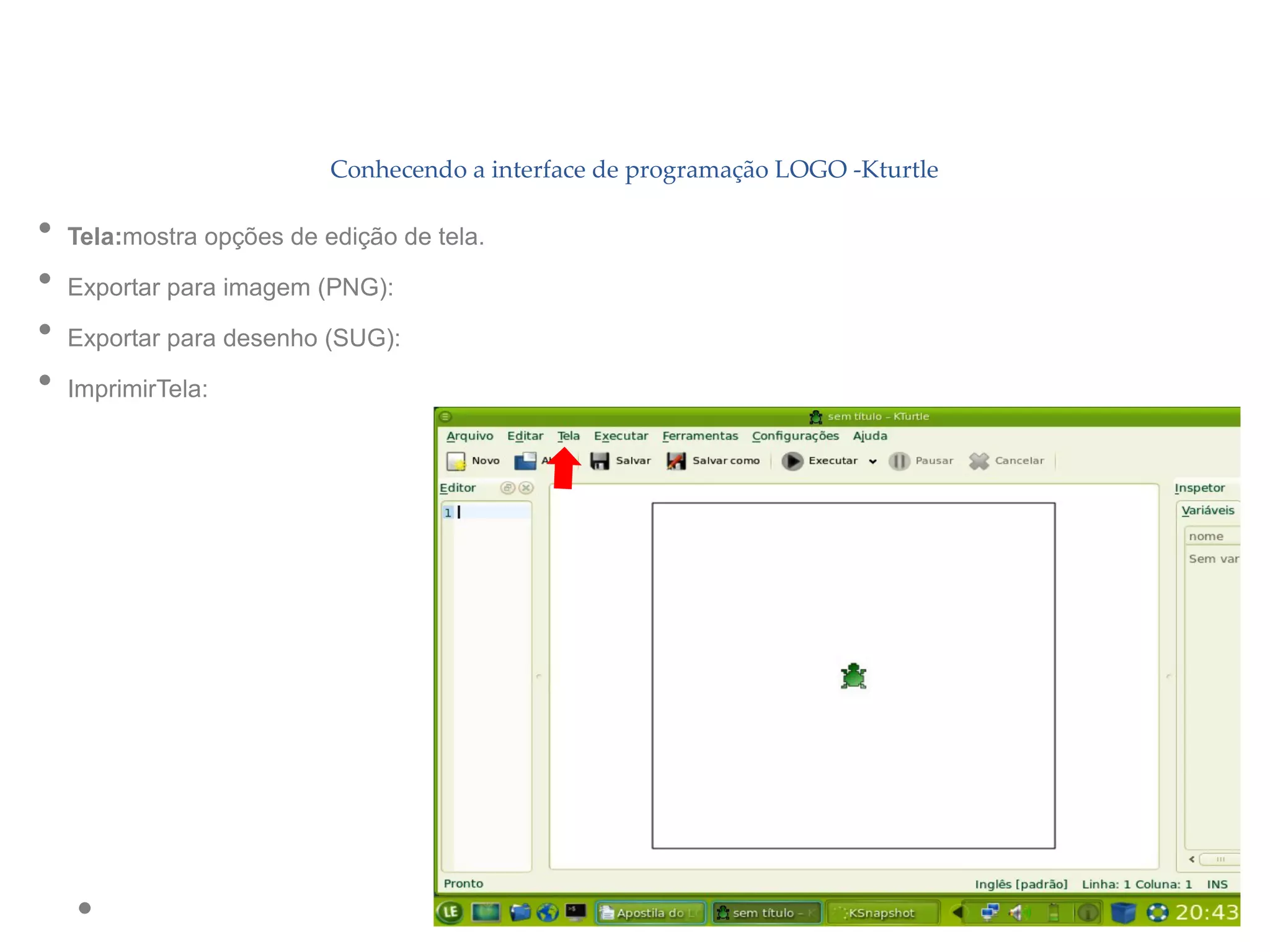 Conhecendo a interface de programação LOGO -Kturtle
• Tela:mostra opções de edição de tela.
• Exportar para imagem (PNG):
• Exportar para desenho (SUG):
• ImprimirTela:
 