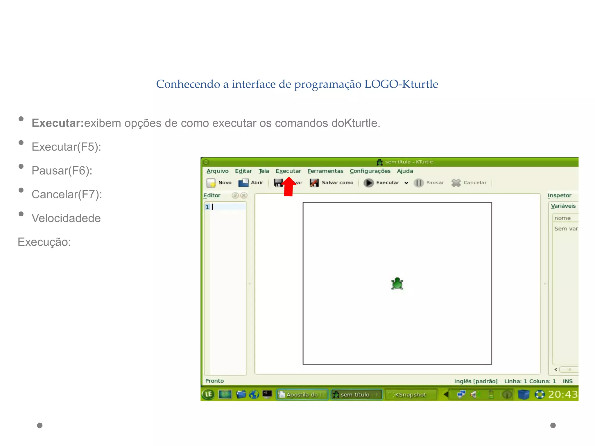Conhecendo a interface de programação LOGO-Kturtle
• Executar:exibem opções de como executar os comandos doKturtle.
• Executar(F5):
• Pausar(F6):
• Cancelar(F7):
• Velocidadede
Execução:
 