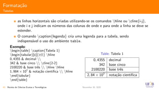 Formata¸c˜ao
Tabelas
as linhas horizontais s˜ao criadas utilizando-se os comandos hline ou cline{i-j},
onde i e j indicam os n´umeros das colunas de onde e para onde a linha se deve se
estender.
O comando caption{legenda} cria uma legenda para a tabela, sendo
indispens´avel o uso do ambiente table.
Exemplo:
begin{table} caption{Tabela 1}
begin{tabular}[c]{|r|l|} hline
0, 4355 & decimal 
342 & base cinco  cline{2-2}
2100220 & base trˆes  hline hline
1, 984 × 107
& nota¸c˜ao cient´ıﬁca  hline
end{tabular}
end{table}
Table: Tabela 1
0, 4355 decimal
342 base cinco
2100220 base trˆes
2, 84 × 107 nota¸c˜ao cient´ıﬁca
43 Revista de Ciˆencias Exatas e Tecnol´ogicas November 30, 2020
 