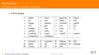 Formata¸c˜ao
Comandos usados em express˜oes matem´aticas
Letras gregas
α alpha β beta γ gamma θ theta
π pi φ phi δ delta ρ rho
κ kappa epsilon λ lambda σ sigma
χ chi ψ psi µ mu ν nu
ω omega τ tau ι iota ξ xi
υ upsilon ζ zeta η eta
ϑ vartheta varpi ϕ varphi varrho
ε varepsilon ς varsigma
Γ Gamma Λ Lambda Σ Sigma Ψ Psi
∆ Delta Ξ Xi Υ Upsilon Ω Omega
Θ Theta Π Pi Φ Phi
52 Revista de Ciˆencias Exatas e Tecnol´ogicas November 30, 2020
 