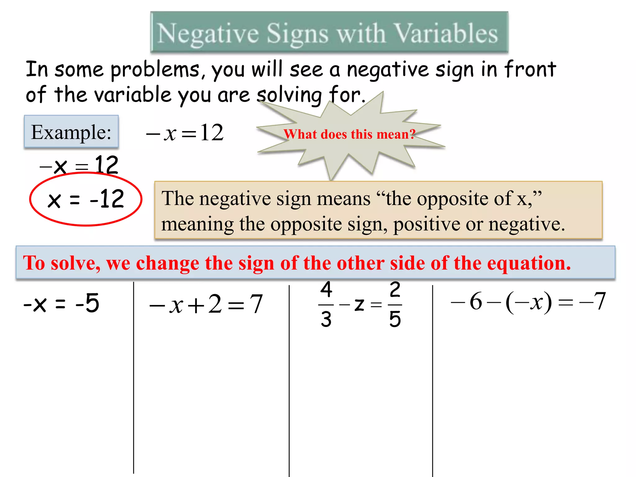 In some problems, you will see a negative sign in front
of the variable you are solving for.
Example:

x 12
x = -12

x 12

What does this mean?

The negative sign means “the opposite of x,”
meaning the opposite sign, positive or negative.

To solve, we change the sign of the other side of the equation.
4
2
6 ( x)
z
-x = -5
x 2 7
3
5

7

 