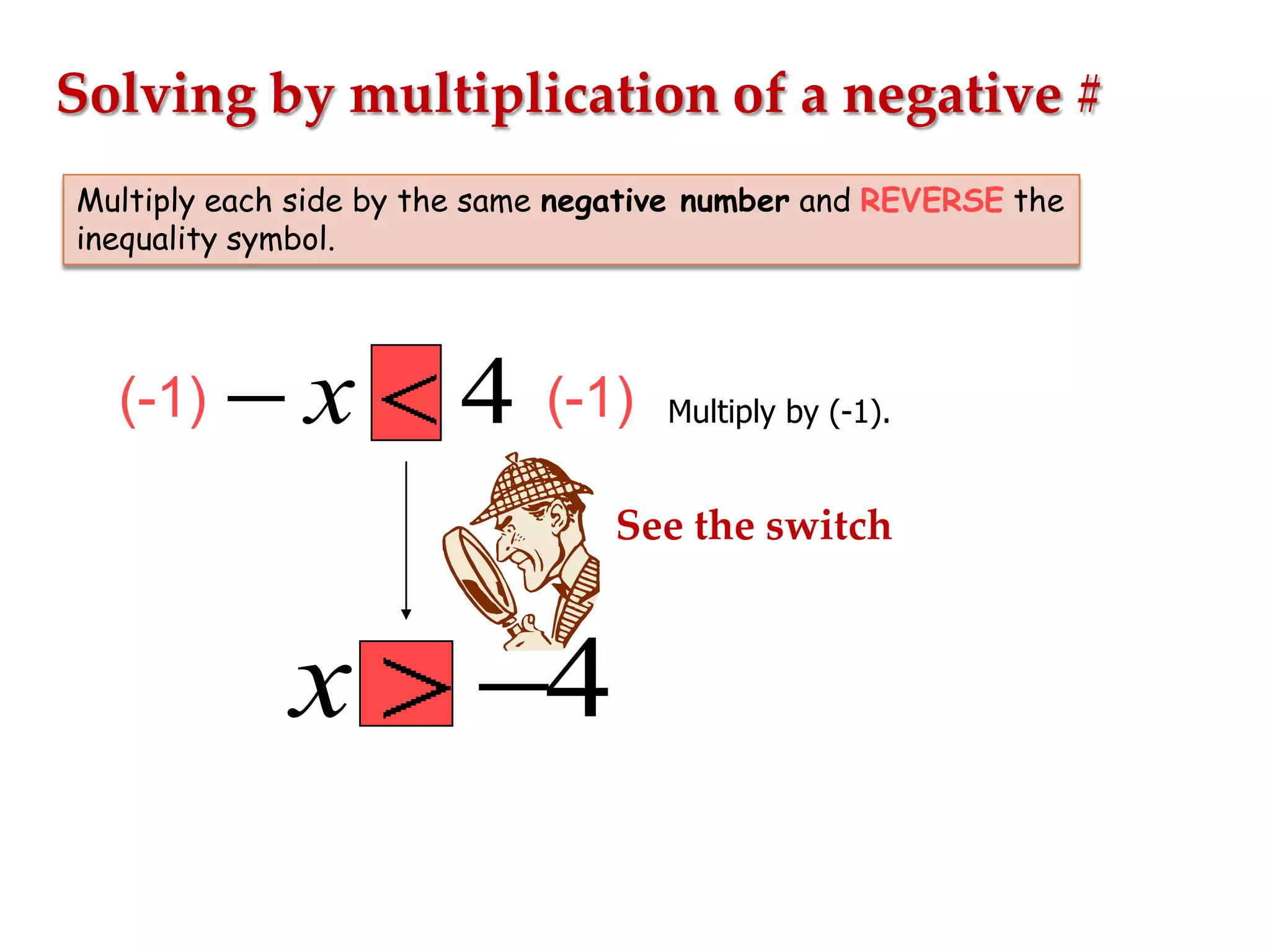 Solving by multiplication of a negative #
Multiply each side by the same negative number and REVERSE the
inequality symbol.

(-1)

x

4

(-1)

Multiply by (-1).

See the switch

x

4

 