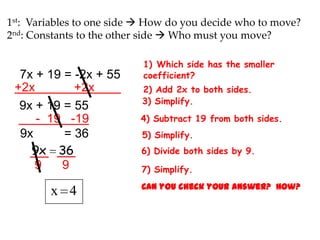 1st: Variables to one side  How do you decide who to move?
2nd: Constants to the other side  Who must you move?

7x + 19 = -2x + 55
+2x
+2x
9x + 19 = 55
- 19 -19
9x
= 36
9x 36
9
9

x 4

1) Which side has the smaller
coefficient?
2) Add 2x to both sides.
3) Simplify.

4) Subtract 19 from both sides.
5) Simplify.
6) Divide both sides by 9.
7) Simplify.
Can you check your answer? How?

 