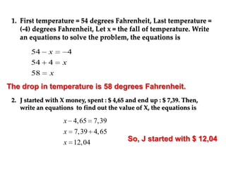 1. First temperature = 54 degrees Fahrenheit, Last temperature =
(-4) degrees Fahrenheit, Let x = the fall of temperature. Write
an equations to solve the problem, the equations is

54
54

x
4

58

4

x

x

The drop in temperature is 58 degrees Fahrenheit.
2. J started with X money, spent : $ 4,65 and end up : $ 7,39. Then,
write an equations to find out the value of X, the equations is

x 4, 65 7,39
x

7,39 4, 65

x 12, 04

So, J started with $ 12,04

 