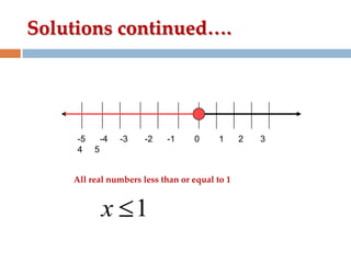 Solutions continued….

-5
4

-4

-3

-2

-1

0

1

5

All real numbers less than or equal to 1

x 1

2

3

 