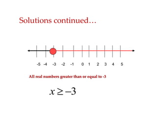 Solutions continued…

-5 -4

-3

-2

-1

0

1

2

3

All real numbers greater than or equal to -3

x

3

4

5

 