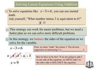 To solve equations like x 3 6 , you can use mental
math.
Ask yourself, “What number minus 3 is equivalent to 6?”

x

This strategy can work for easier problems, but we need a
better plan so we can solve more difficult problems.

In this strategy, we balance the sides of the equation as we
solve for the variable.
First, we must “undo” the minus 3. The inverse
(opposite) of subtracting 3 is _________________ 3.

x 3 6
x

3

3

x 9

6

3

But we have to be fair! If we are going to add 3
to one side of the equation, we MUST add 3 to
the other side to BALANCE the equation.

 
