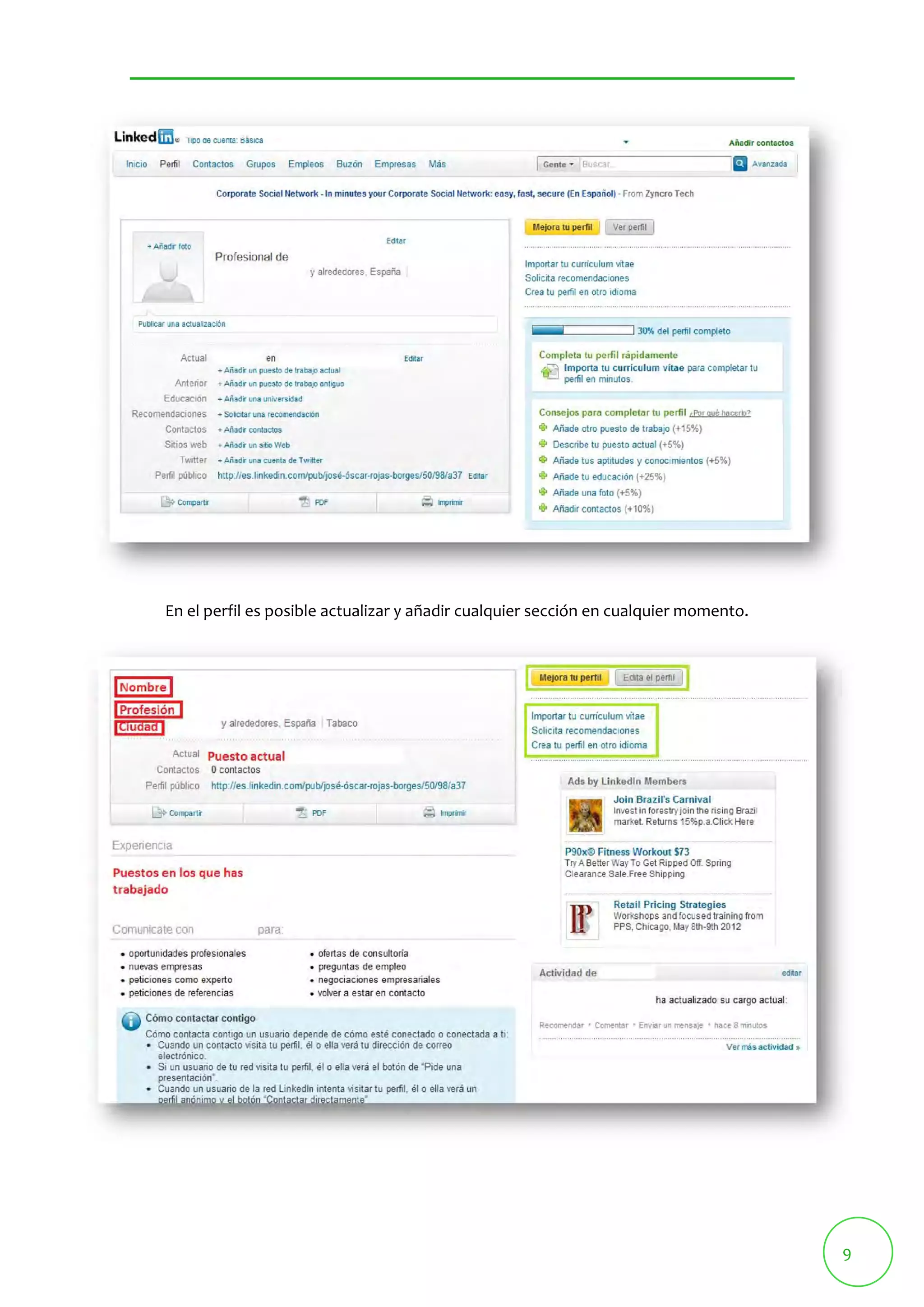 9 
En el perfil es posible actualizar y añadir cualquier sección en cualquier momento. 
 