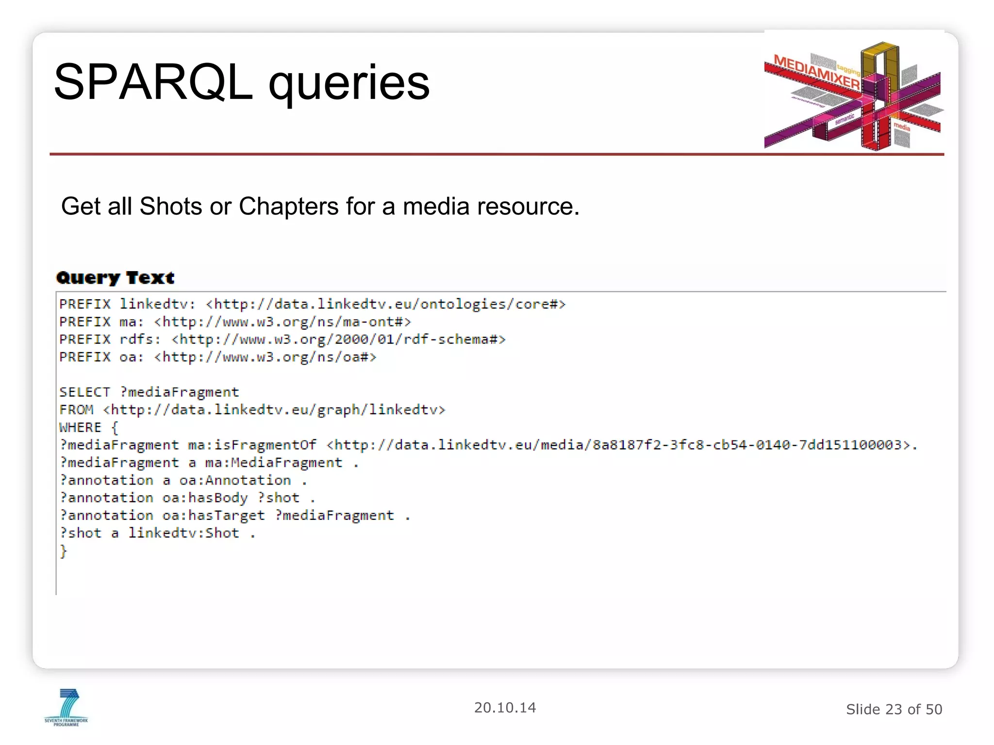 20.10.14 Slide 23 of 50 
SPARQL queries 
Get all Shots or Chapters for a media resource. 
 