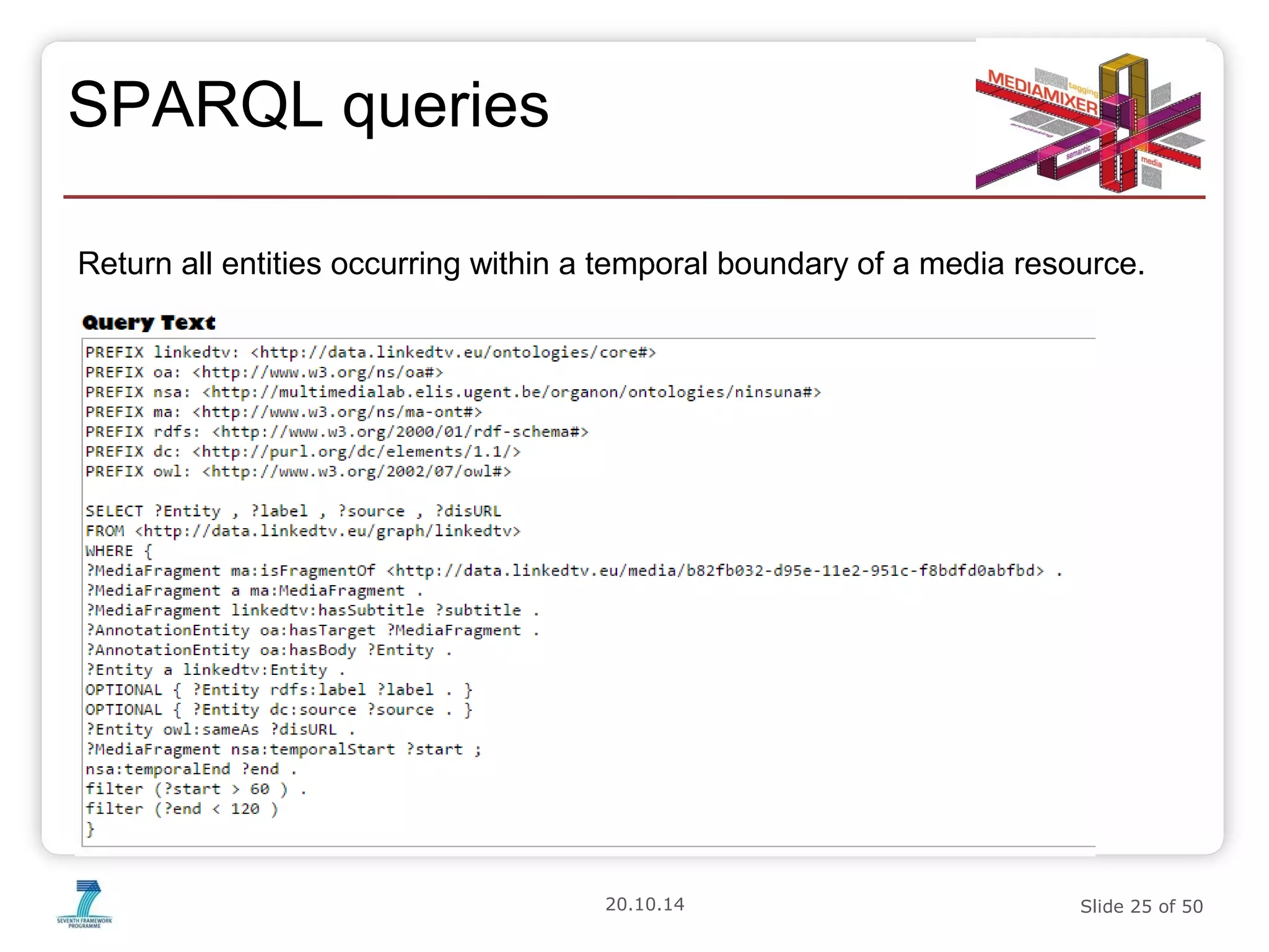 20.10.14 Slide 25 of 50 
SPARQL queries 
Return all entities occurring within a temporal boundary of a media resource. 
 