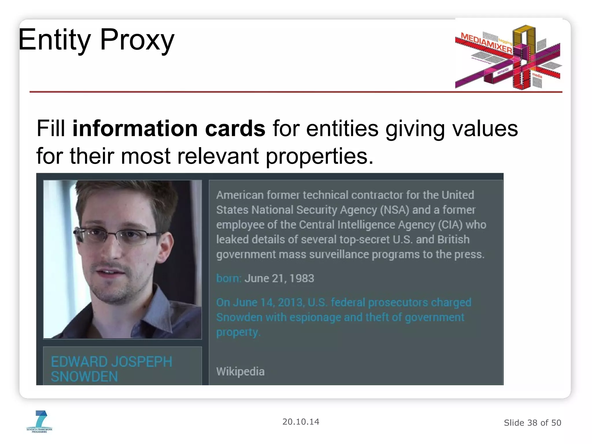 20.10.14 Slide 38 of 50 
Entity Proxy 
Fill information cards for entities giving values 
for their most relevant properties. 
 