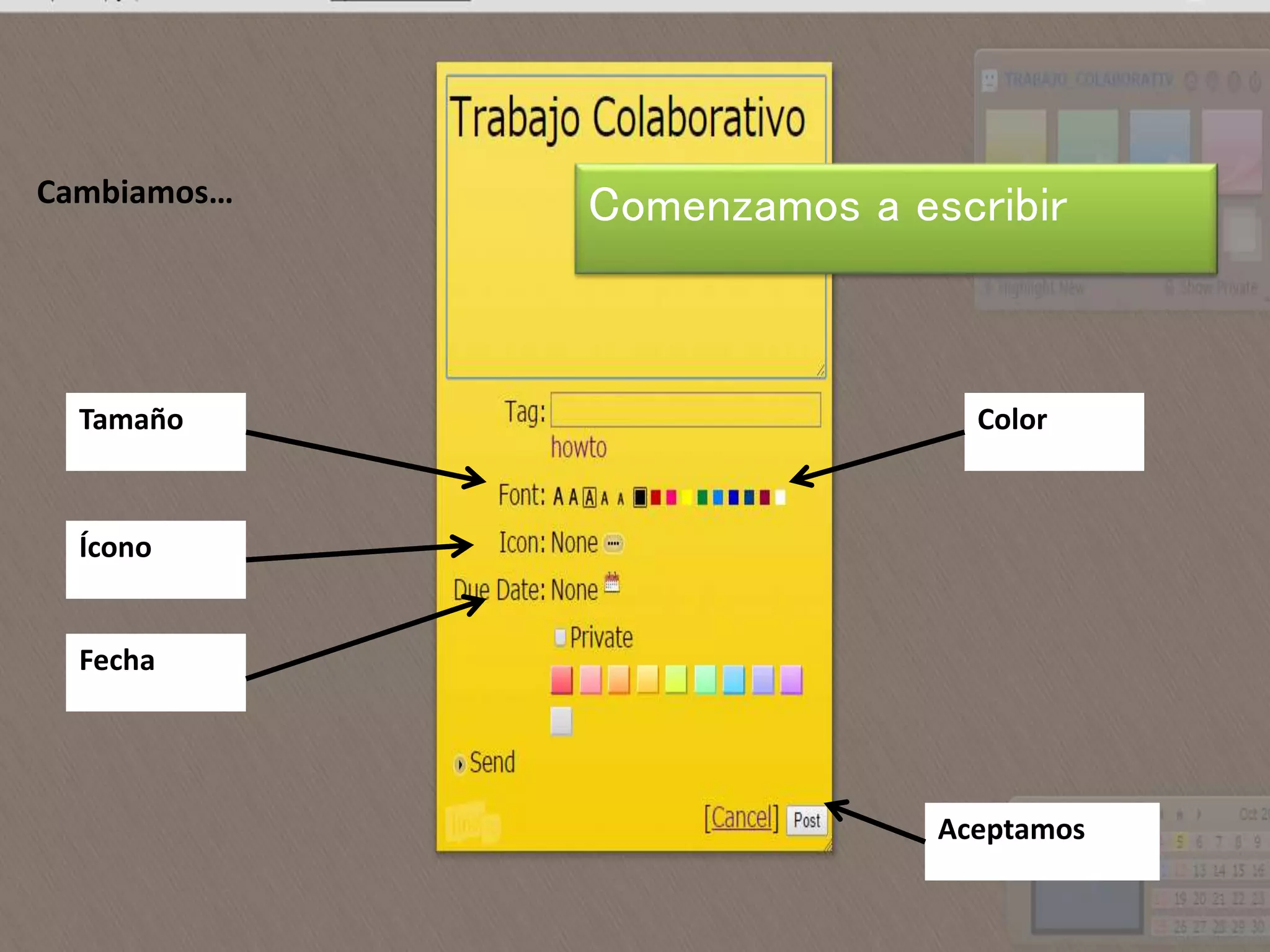 Comenzamos a escribirCambiamos…
Tamaño
Ícono
Fecha
Aceptamos
Color