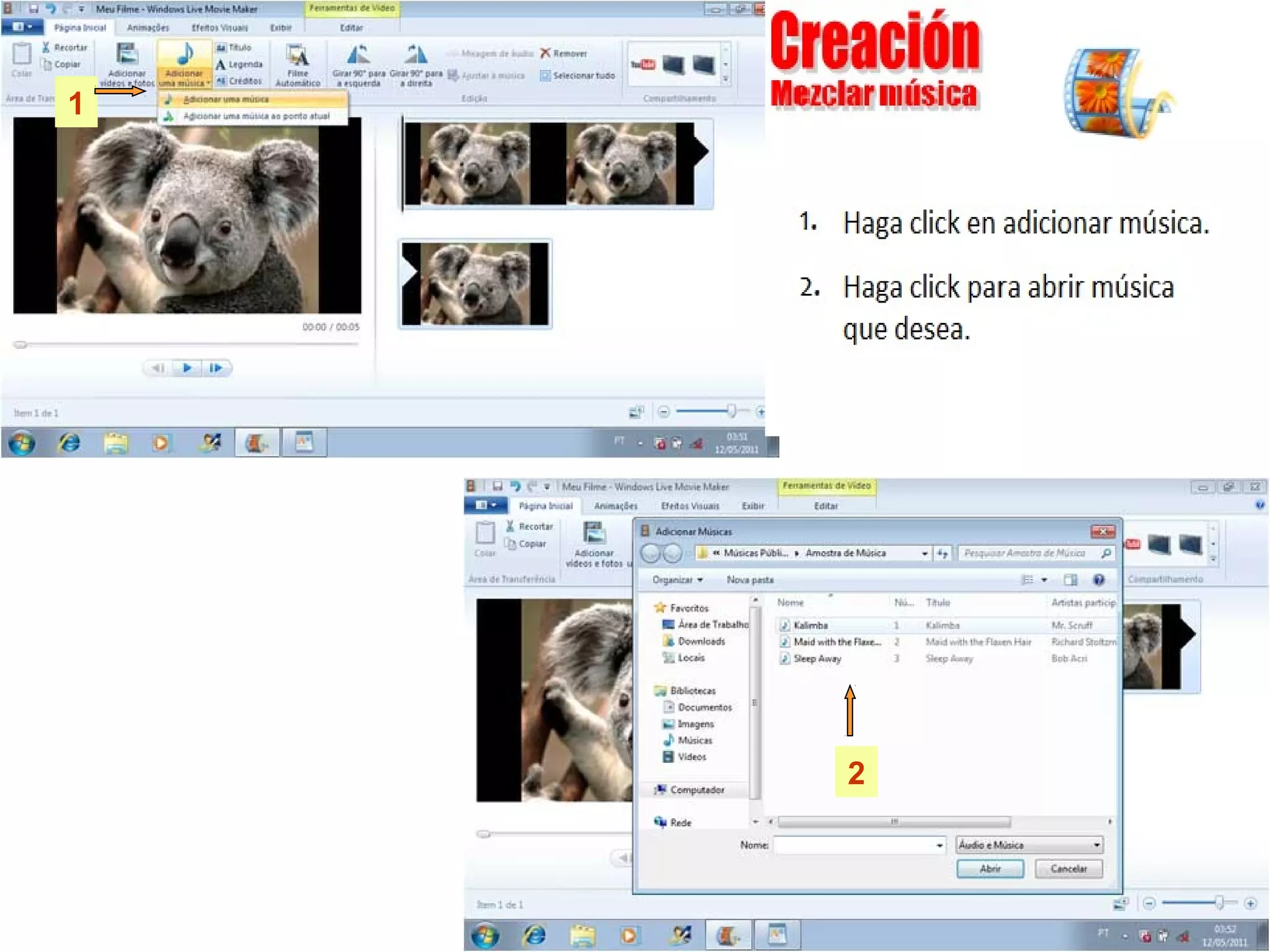 Criação
    Mixando com música
1

      1. Clique em adicionar música
      2. Clique na música em Abrir




          2
 