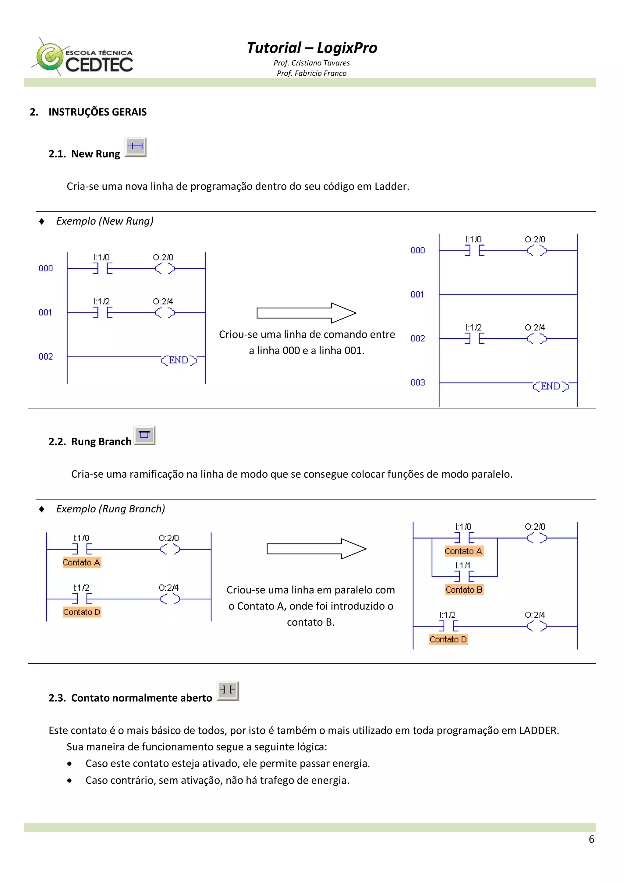 Tutorial – LogixPro
Prof. Cristiano Tavares
Prof. Fabrício Franco
6
2. INSTRUÇÕES GERAIS
2.1. New Rung
Cria-se uma nova linha de programação dentro do seu código em Ladder.
 Exemplo (New Rung)
Criou-se uma linha de comando entre
a linha 000 e a linha 001.
2.2. Rung Branch
Cria-se uma ramificação na linha de modo que se consegue colocar funções de modo paralelo.
 Exemplo (Rung Branch)
Criou-se uma linha em paralelo com
o Contato A, onde foi introduzido o
contato B.
2.3. Contato normalmente aberto
Este contato é o mais básico de todos, por isto é também o mais utilizado em toda programação em LADDER.
Sua maneira de funcionamento segue a seguinte lógica:
 Caso este contato esteja ativado, ele permite passar energia.
 Caso contrário, sem ativação, não há trafego de energia.
 