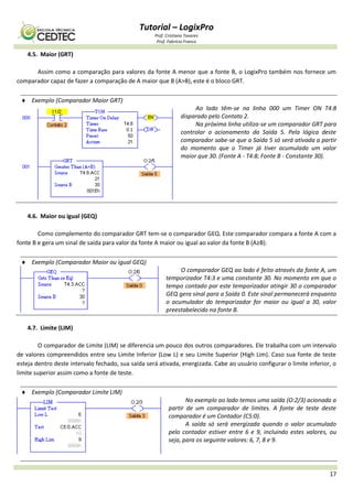Tutorial – LogixPro
Prof. Cristiano Tavares
Prof. Fabrício Franco
17
4.5. Maior (GRT)
Assim como a comparação para valores da fonte A menor que a fonte B, o LogixPro também nos fornece um
comparador capaz de fazer a comparação de A maior que B (A>B), este é o bloco GRT.
 Exemplo (Comparador Maior GRT)
Ao lado têm-se na linha 000 um Timer ON T4:8
disparado pelo Contato 2.
Na próxima linha utiliza-se um comparador GRT para
controlar o acionamento da Saída 5. Pela lógica deste
comparador sabe-se que a Saída 5 só será ativada a partir
do momento que o Timer já tiver acumulado um valor
maior que 30. (Fonte A - T4:8; Fonte B - Constante 30).
0
4.6. Maior ou igual (GEQ)
Como complemento do comparador GRT tem-se o comparador GEQ. Este comparador compara a fonte A com a
fonte B e gera um sinal de saída para valor da fonte A maior ou igual ao valor da fonte B (A≥B).
 Exemplo (Comparador Maior ou igual GEQ)
O comparador GEQ ao lado é feito através da fonte A, um
temporizador T4:3 e uma constante 30. No momento em que o
tempo contado por este temporizador atingir 30 o comparador
GEQ gera sinal para a Saída 0. Este sinal permanecerá enquanto
o acumulador do temporizador for maior ou igual a 30, valor
preestabelecido na fonte B.0
4.7. Limite (LIM)
O comparador de Limite (LIM) se diferencia um pouco dos outros comparadores. Ele trabalha com um intervalo
de valores compreendidos entre seu Limite Inferior (Low L) e seu Limite Superior (High Lim). Caso sua fonte de teste
esteja dentro deste intervalo fechado, sua saída será ativada, energizada. Cabe ao usuário configurar o limite inferior, o
limite superior assim como a fonte de teste.
 Exemplo (Comparador Limite LIM)
No exemplo ao lado temos uma saída (O:2/3) acionada a
partir de um comparador de limites. A fonte de teste deste
comparador é um Contador (C5:0).
A saída só será energizada quando o valor acumulado
pelo contador estiver entre 6 e 9, incluindo estes valores, ou
seja, para os seguinte valores: 6, 7, 8 e 9.
 