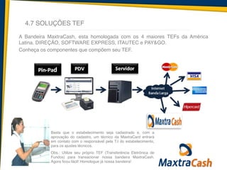 4.7 SOLUÇÕES TEF
A Bandeira MaxtraCash, esta homologada com os 4 maiores TEFs da América
Latina. DIREÇÃO, SOFTWARE EXPRESS, ITAUTEC e PAY&GO. !
Conheça os componentes que compõem seu TEF.	
  
Basta que o estabelecimento seja cadastrado e, com a
aprovação do cadastro, um técnico da MaxtraCard entrará
em contato com o responsável pela T.I do estabelecimento,
para os ajustes técnicos.!
!
Obs.: Utilize seu próprio TEF (Transferência Eletrônica de
Fundos) para transacionar nossa bandeira MaxtraCash.
Agora ficou fácil! Homologue já nossa bandeira!
 