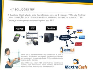 4.7 SOLUÇÕES TEF
A Bandeira MaxtraCash, esta homologada com os 4 maiores TEFs da América
Latina. DIREÇÃO, SOFTWARE EXPRESS, ITAUTEC, PAY&GO e breve AUTTAR. !
Conheça os componentes que compõem seu TEF.	
  
Basta que o estabelecimento seja cadastrado e, com a
aprovação do cadastro, um técnico da MaxtraCard entrará
em contato com o responsável pela T.I do estabelecimento,
para os ajustes técnicos.!
!
Obs.: Utilize seu próprio TEF (Transferência Eletrônica de
Fundos) para transacionar nossa bandeira MaxtraCash.
Agora ficou fácil! Homologue já nossa bandeira!
 