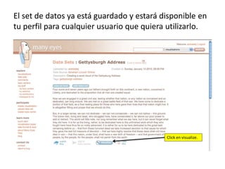 El set de datos ya está guardado y estará disponible en
tu perfil para cualquier usuario que quiera utilizarlo.
Click en visualize.
 