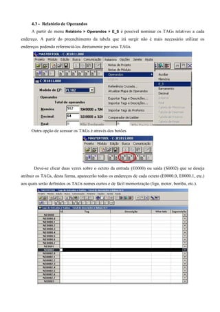 4.3 - Relatório de Operandos
A partir do menu Relatório > Operandos > E_S é possível nominar os TAGs relativos a cada
endereço. A partir do preenchimento da tabela que irá surgir não é mais necessário utilizar os
endereços podendo referenciá-los diretamente por seus TAGs.
Outra opção de acessar os TAGs é através dos botões
Deve-se clicar duas vezes sobre o octeto da entrada (E0000) ou saída (S0002) que se deseja
atribuir os TAGs, desta forma, aparecerão todos os endereços de cada octeto (E0000.0, E0000.1, etc.)
aos quais serão definidos os TAGs nomes curtos e de fácil memorização (liga, motor, bomba, etc.).
 