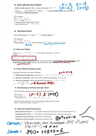 X = 2x =
-
3
(X-
2)(x +
3)
X= 2
-
-
-
X= 2X= 3
- Rumus ABC
(x -
2)b(X+3)
-
#x2+ 3X - 2
-
Contoh : Tentukan Susa Pombagian F(x) : X2
+
3x+2
Ou(x-1) + x = r
Sacrab :
FN) = 1 +3 + 2 = 6 .
-
 