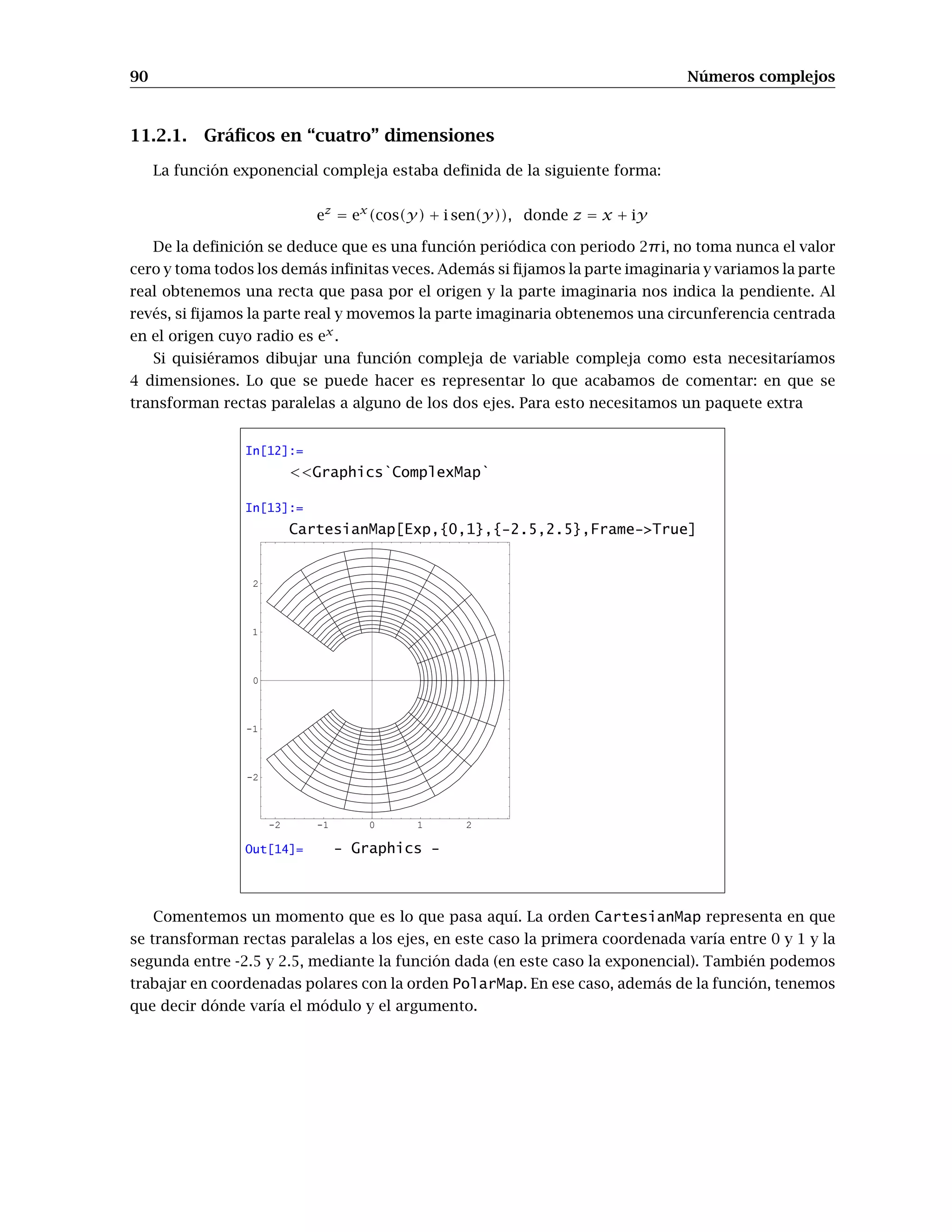 90 Números complejos
11.2.1. Gráﬁcos en “cuatro” dimensiones
La función exponencial compleja estaba deﬁnida de la siguiente forma:
ez
= ex
(cos(y) + i sen(y)), donde z = x + iy
De la deﬁnición se deduce que es una función periódica con periodo 2πi, no toma nunca el valor
cero y toma todos los demás inﬁnitas veces. Además si ﬁjamos la parte imaginaria y variamos la parte
real obtenemos una recta que pasa por el origen y la parte imaginaria nos indica la pendiente. Al
revés, si ﬁjamos la parte real y movemos la parte imaginaria obtenemos una circunferencia centrada
en el origen cuyo radio es ex
.
Si quisiéramos dibujar una función compleja de variable compleja como esta necesitaríamos
4 dimensiones. Lo que se puede hacer es representar lo que acabamos de comentar: en que se
transforman rectas paralelas a alguno de los dos ejes. Para esto necesitamos un paquete extra
In[12]:=
<<Graphics`ComplexMap`
In[13]:=
CartesianMap[Exp,{0,1},{-2.5,2.5},Frame->True]
-2 -1 0 1 2
-2
-1
0
1
2
Out[14]= - Graphics -
Comentemos un momento que es lo que pasa aquí. La orden CartesianMap representa en que
se transforman rectas paralelas a los ejes, en este caso la primera coordenada varía entre 0 y 1 y la
segunda entre -2.5 y 2.5, mediante la función dada (en este caso la exponencial). También podemos
trabajar en coordenadas polares con la orden PolarMap. En ese caso, además de la función, tenemos
que decir dónde varía el módulo y el argumento.
 