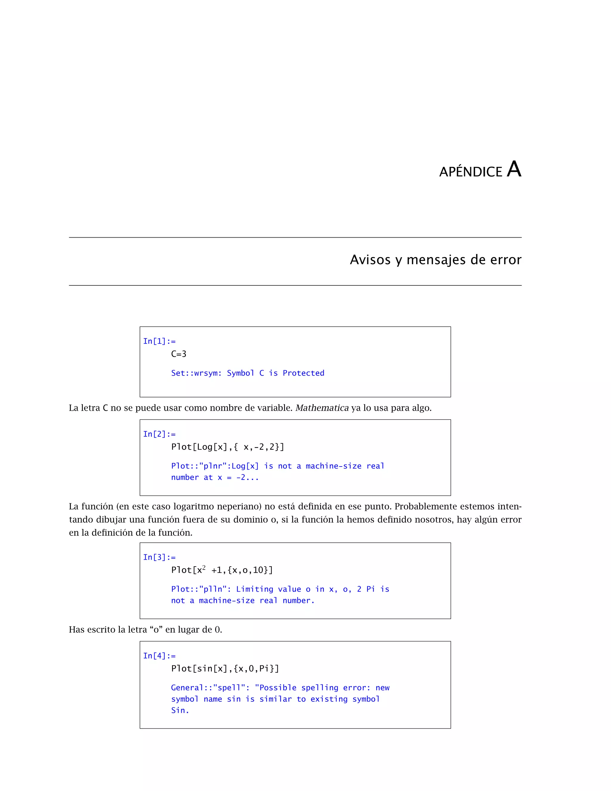 APÉNDICE A
Avisos y mensajes de error
In[1]:=
C=3
Set::wrsym: Symbol C is Protected
La letra C no se puede usar como nombre de variable. Mathematica ya lo usa para algo.
In[2]:=
Plot[Log[x],{ x,-2,2}]
Plot::"plnr":Log[x] is not a machine-size real
number at x = -2...
La función (en este caso logaritmo neperiano) no está deﬁnida en ese punto. Probablemente estemos inten-
tando dibujar una función fuera de su dominio o, si la función la hemos deﬁnido nosotros, hay algún error
en la deﬁnición de la función.
In[3]:=
Plot[x2
+1,{x,o,10}]
Plot::"plln": Limiting value o in x, o, 2 Pi is
not a machine-size real number.
Has escrito la letra “o” en lugar de 0.
In[4]:=
Plot[sin[x],{x,0,Pi}]
General::"spell": "Possible spelling error: new
symbol name sin is similar to existing symbol
Sin.
 