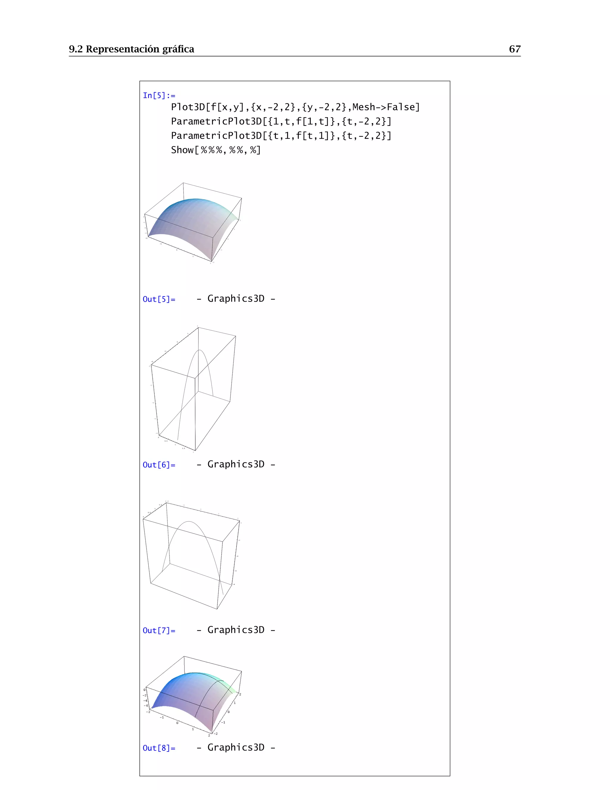 8.2 Gráficos de contorno. Curvas de nivel. 59
Ejercicio. Prueba las opciones anteriores con las siguientes funciones de dos variables:
1. f(x, y) = (x2
+ y4
)e1−x2−y2
con x, y ∈ [−2, 2].
2. g(x, y) = sen(x − 2xy) con x ∈ [0, π], y ∈ [−π, π].
3. h(x, y) =
xy
x2 + y2
con x, y ∈ [−1, 1].
8.2. Gráficos de contorno. Curvas de nivel.
Una forma cómoda de ver la gráfica de una función es mediante curvas de nivel. Se trata de
representar en el plano una figura tridimensional como es la gráfica de una función de dos varia-
bles, permitiendo ver las zonas de crecimiento y decrecimiento de dicha función. El comando que
representa funciones de dos variables mediante curvas de nivel es
ContourPlot[función de x,y,{x,xmin,xmax},{y,ymin,ymax}]
Por ejemplo,
In[5]:=
ContourPlot[(3 x2
+ y2
)
Exp[1-x2
-y2
],
{x,-2,2},{y,-2,2}]
-2 -1 0 1 2
-2
-1
0
1
2
Out[5]= - ContourGraphics -
Entre otras, las opciones del comando ContourPlot son:
ContourShading-False
Dibuja sólo las curvas de nivel y no utiliza la escala de grises. Ejemplo:
In[6]:=
ContourPlot[(3 x2
+ y2
)Exp[1-x2
-y2
],
{x,-2,2},{y,-2,2},ContourShading-False]
 