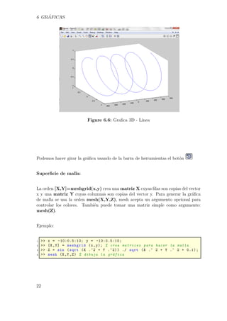 6 GRÁFICAS
Figure 6.6: Graﬁca 3D - Linea
Podemos hacer girar la gráﬁca usando de la barra de herramientas el botón
Superﬁcie de malla:
La orden [X,Y]=meshgrid(x,y) crea una matriz X cuyas ﬁlas son copias del vector
x y una matriz Y cuyas columnas son copias del vector y. Para generar la gráﬁca
de malla se usa la orden mesh(X,Y,Z), mesh acepta un argumento opcional para
controlar los colores. También puede tomar una matriz simple como argumento:
mesh(Z).
Ejemplo:
1 >> x = -10:0.5:10; y = -10:0.5:10;
2 >> [X,Y] = meshgrid (x,y); % crea matrices para hacer la malla
3 >> Z = sin (sqrt (X .^2 + Y .^2)) ./ sqrt (X .^ 2 + Y .^ 2 + 0.1);
4 >> mesh (X,Y,Z) % dibuja la gráfica
22
 