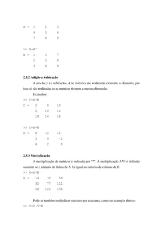 A = 1 2 3
4 5 6
7 8 9
>> B=A'
B = 1 4 7
2 5 8
3 6 9
2.5.2 Adição e Subtração
A adição (+) e subtração (-) de matrizes são realizadas elemento a elemento, por
isso só são realizadas se as matrizes tiverem a mesma dimensão.
Exemplos:
>> C=A+B
C = 2 6 10
6 10 14
10 14 18
>> D=A-B
D = 0 -2 -4
2 0 -2
4 2 0
2.5.3 Multiplicação
A multiplicação de matrizes é indicada por "*". A multiplicação A*B é definida
somente se o número de linhas de A for igual ao número de colunas de B.
>> E=A*B
E = 14 32 50
32 77 122
50 122 194
Pode-se também multiplicar matrizes por escalares, como no exemplo abaixo:
>> F=0.5*E
 