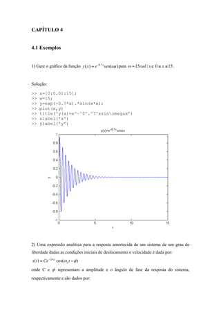 CAPÍTULO 4
4.1 Exemplos
1) Gere o gráfico da função )()( 7.0
xsenexy x
ω−
= para srad /15=ω e 150 ≤≤ x .
	
  
Solução:
>> x=[0:0.01:15];
>> w=15;
>> y=exp(-0.7*x).*sin(w*x);
>> plot(x,y)
>> title('y(x)=e^–^0^.^7^xsinomegax')
>> xlabel('x')
>> ylabel('y')
2) Uma expressão analítica para a resposta amortecida de um sistema de um grau de
liberdade dadas as condições iniciais de deslocamento e velocidade é dada por:
)cos()( φωζω
−= −
tCetx d
tn
onde C e φ representam a amplitude e o ângulo de fase da resposta do sistema,
respectivamente e são dados por:
 