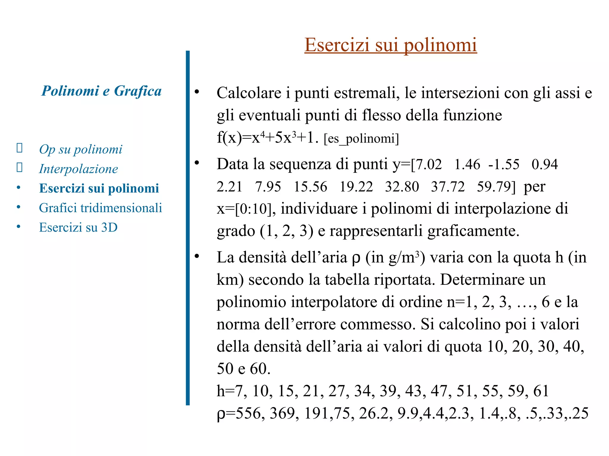 Esercizi sui polinomi Calcolare i punti estremali, le intersezioni con gli assi e gli eventuali punti di flesso della funzione f(x)=x 4 +5x 3 +1.  [es_polinomi] Data la sequenza di punti y= [7.02  1.46  -1.55  0.94  2.21  7.95  15.56  19.22  32.80  37.72  59.79]  per x= [0:10] , individuare i polinomi di interpolazione di grado (1, 2, 3) e rappresentarli graficamente. La densità dell’aria    (in g/m 3 ) varia con la quota h (in km) secondo la tabella riportata. Determinare un polinomio interpolatore di ordine n=1, 2, 3, …, 6 e la norma dell’errore commesso. Si calcolino poi i valori della densità dell’aria ai valori di quota 10, 20, 30, 40, 50 e 60.  h=7, 10, 15, 21, 27, 34, 39, 43, 47, 51, 55, 59, 61  =556, 369, 191,75, 26.2, 9.9,4.4,2.3, 1.4,.8, .5,.33,.25 Polinomi e Grafica Op su polinomi Interpolazione Esercizi sui polinomi   Grafici tridimensionali Esercizi su 3D 