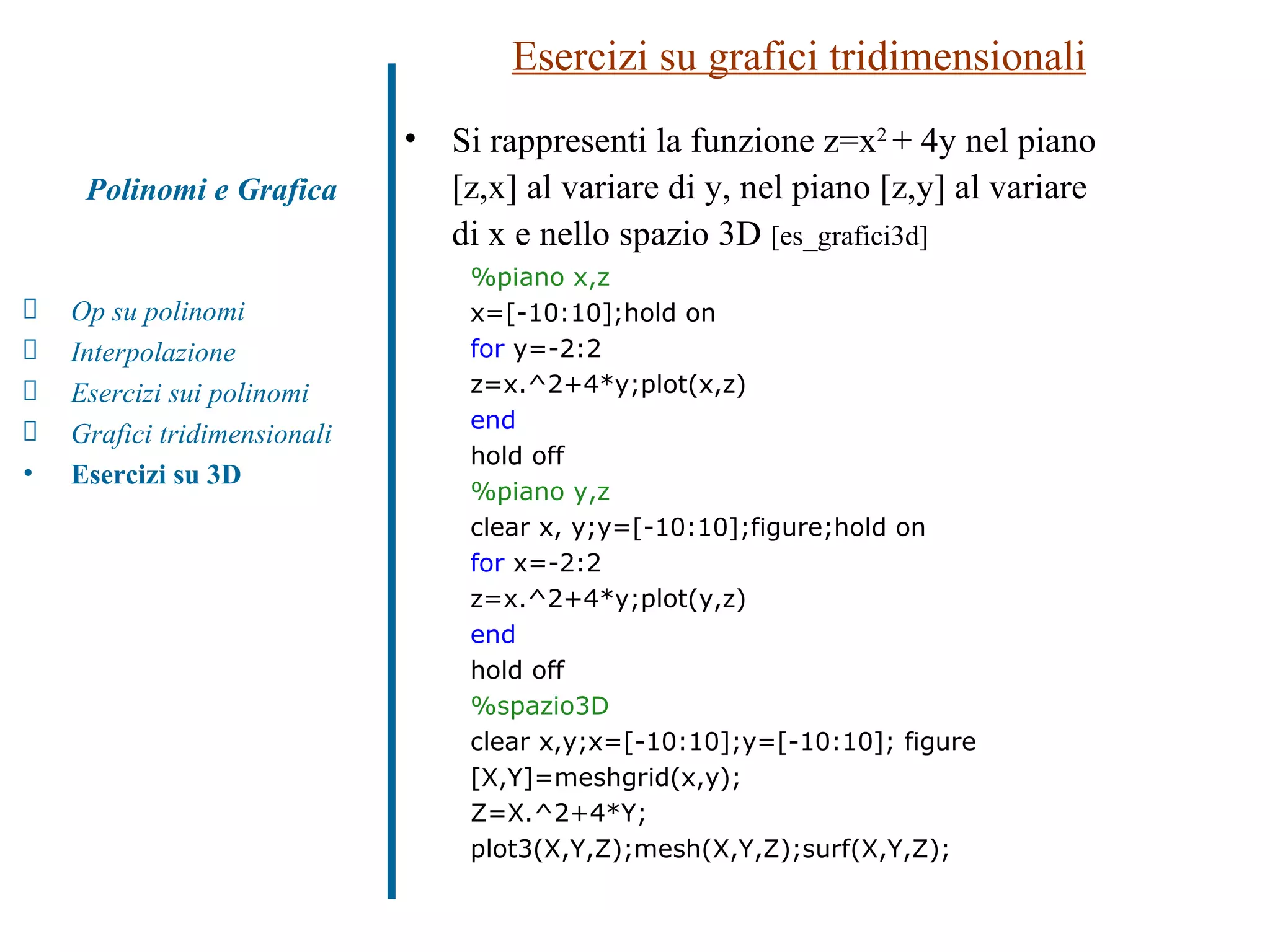 Esercizi su grafici tridimensionali Si rappresenti la funzione z=x 2  + 4y nel piano [z,x] al variare di y, nel piano [z,y] al variare di x e nello spazio 3D  [es_grafici3d] %piano x,z x=[-10:10];hold on for  y=-2:2 z=x.^2+4*y;plot(x,z) end hold off %piano y,z clear x, y;y=[-10:10];figure;hold on for  x=-2:2 z=x.^2+4*y;plot(y,z) end hold off %spazio3D clear x,y;x=[-10:10];y=[-10:10]; figure [X,Y]=meshgrid(x,y); Z=X.^2+4*Y; plot3(X,Y,Z);mesh(X,Y,Z);surf(X,Y,Z); Polinomi e Grafica Op su polinomi Interpolazione Esercizi sui polinomi  Grafici tridimensionali Esercizi su 3D 