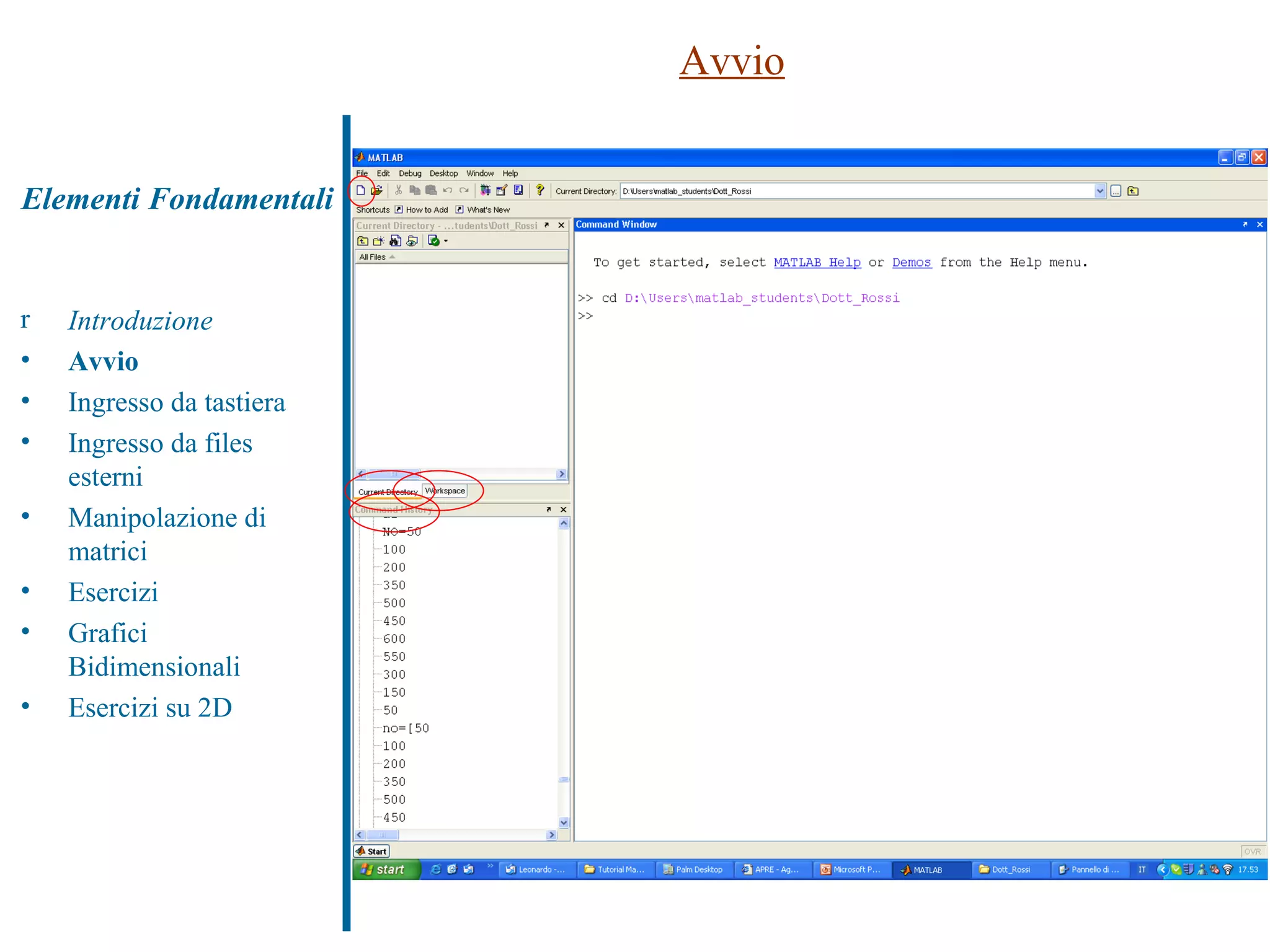 Elementi Fondamentali Avvio Introduzione Avvio Ingresso da tastiera Ingresso da files esterni Manipolazione di matrici Esercizi Grafici Bidimensionali Esercizi su 2D 