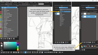 Para este método es necesario
hacer que la capa del dibujo quede
arriba y oficiamos el modo a
multiplicación
Se crea una nueva capa, debajo de
la capa del dibujo, será la base.
 