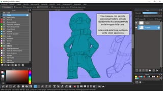 Esta mascara nos permite
seleccionar todo lo pintado
rápidamente haciendo ctrl+clic
en la imagen de la capa.
Aparecerá esta línea punteada
y este color aparecerá.
 