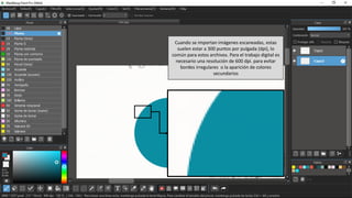 Cuando se importan imágenes escaneadas, estas
suelen estar a 300 puntos por pulgada (dpi), lo
común para estos archivos. Para el trabajo digital es
necesario una resolución de 600 dpi. para evitar
bordes irregulares o la aparición de colores
secundarios
 