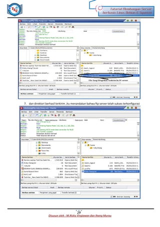 Disusun oleh : M.Rizky Virgiawan dan Ihang Murau
Tutorial Membangun Server
berbasis Linux Debian 6 Squeeze
29
7. dan direktori berhasil terkirim ,itu menandakan bahwa ftp server telah sukses terkonfigurasi
 