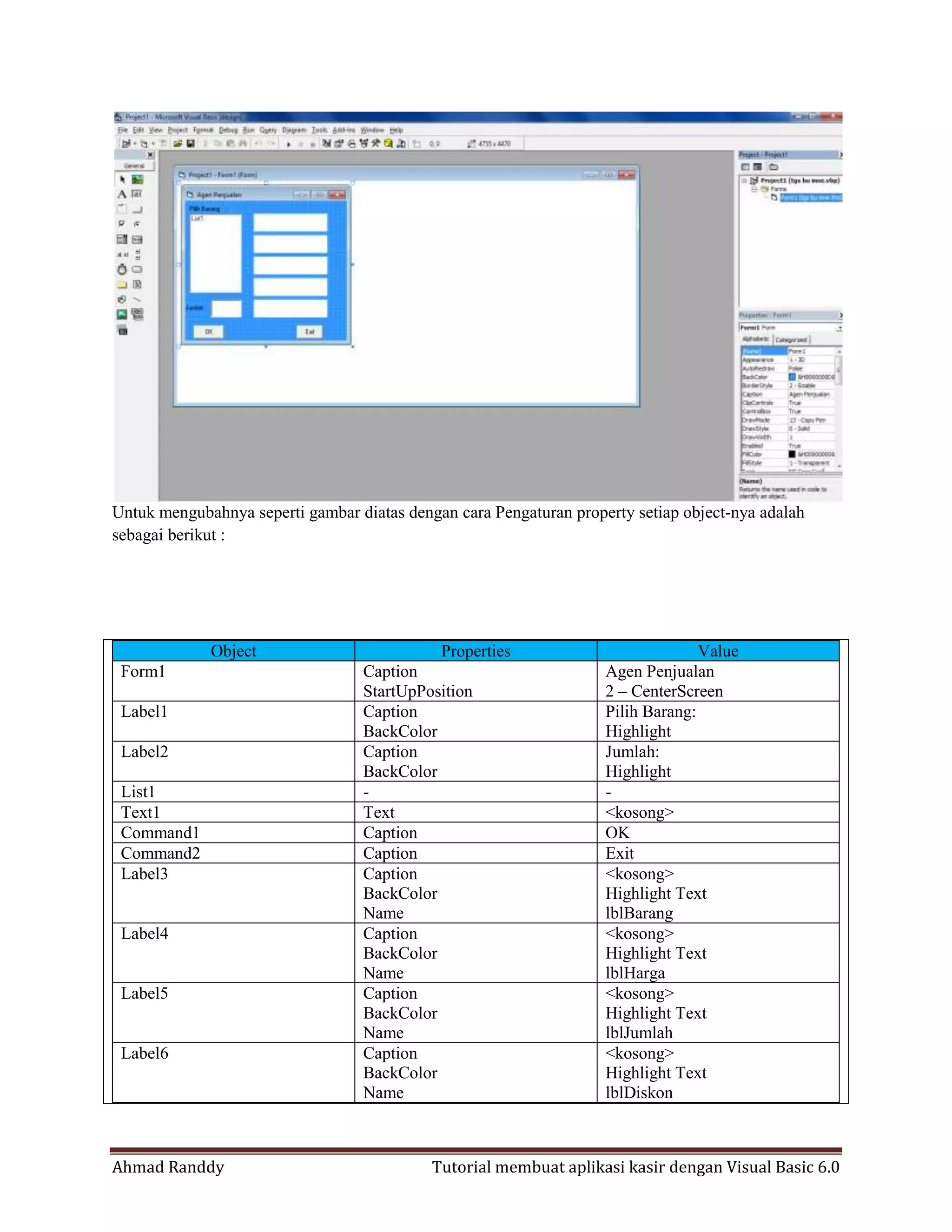 Ahmad Randdy Tutorial membuat aplikasi kasir dengan Visual Basic 6.0
Untuk mengubahnya seperti gambar diatas dengan cara Pengaturan property setiap object-nya adalah
sebagai berikut :
Object Properties Value
Form1 Caption
StartUpPosition
Agen Penjualan
2 – CenterScreen
Label1 Caption
BackColor
Pilih Barang:
Highlight
Label2 Caption
BackColor
Jumlah:
Highlight
List1 - -
Text1 Text <kosong>
Command1 Caption OK
Command2 Caption Exit
Label3 Caption
BackColor
Name
<kosong>
Highlight Text
lblBarang
Label4 Caption
BackColor
Name
<kosong>
Highlight Text
lblHarga
Label5 Caption
BackColor
Name
<kosong>
Highlight Text
lblJumlah
Label6 Caption
BackColor
Name
<kosong>
Highlight Text
lblDiskon
 