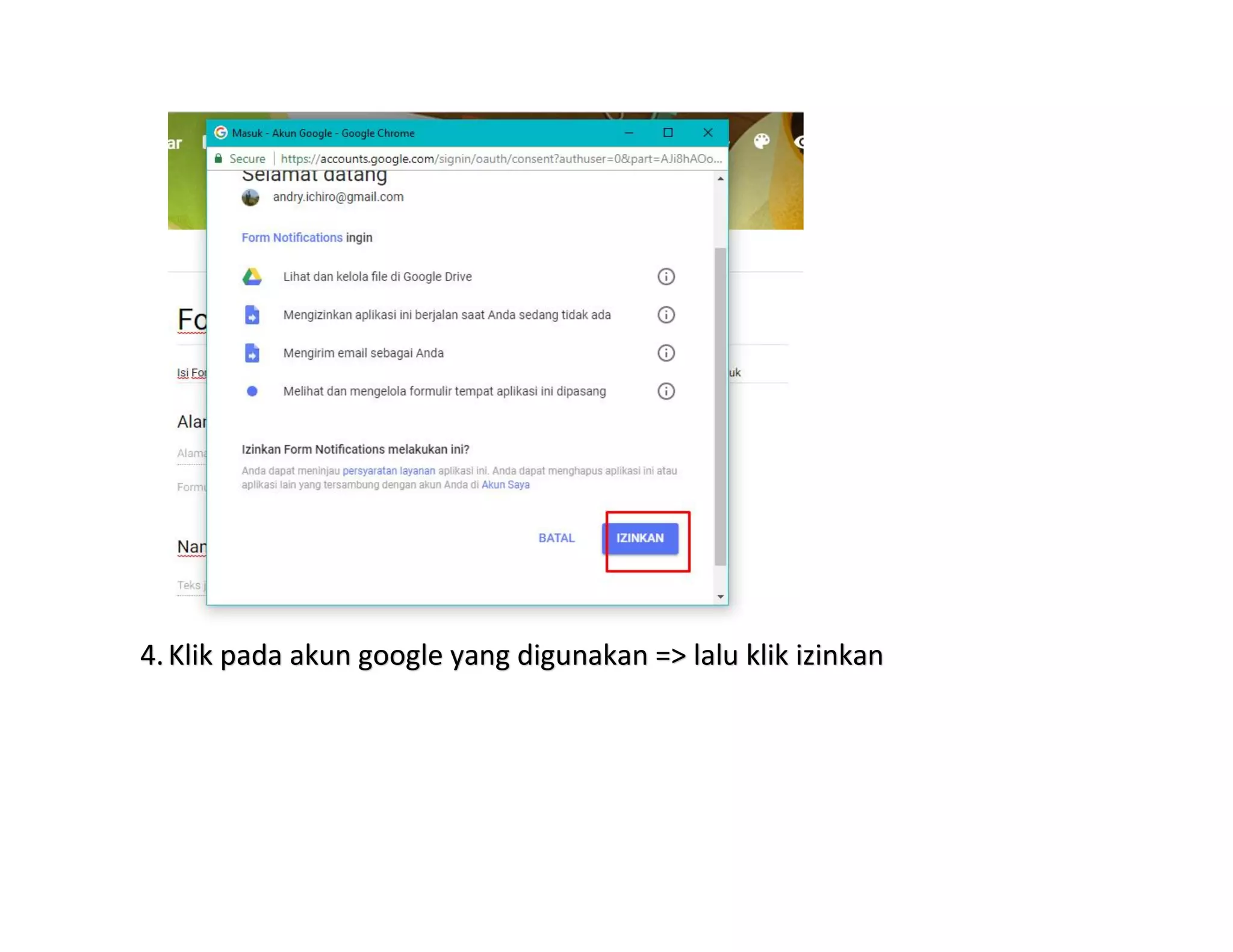 4.Klik pada akun google yang digunakan => lalu klik izinkan
 