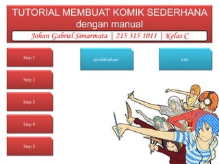 TUTORIAL MEMBUAT KOMIK SEDERHANA
dengan manual
Johan Gabriel Simarmata | 215 315 1011 | Kelas C
Step1 pendahuluan
Step3
Step2
Step5
Step4
exit
 