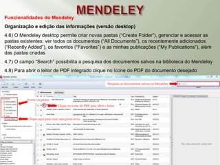 Funcionalidades do Mendeley
Organização e edição das informações (versão desktop)
4.6) O Mendeley desktop permite criar novas pastas (“Create Folder”), gerenciar e acessar as
pastas existentes: ver todos os documentos (“All Documents”), os recentemente adicionados
(“Recently Added”), os favoritos (“Favorites”) e as minhas publicações (“My Publications”), além
das pastas criadas
4.7) O campo “Search” possibilita a pesquisa dos documentos salvos na biblioteca do Mendeley
4.8) Para abrir o leitor de PDF integrado clique no ícone do PDF do documento desejado
Clique no ícone do PDF para abrir o leitor
Pesquise os documentos salvos no Mendeley
Clique aqui para criar uma pasta nova
Acesso as pastas
 