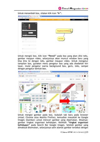 Tutorial Menggunakan eLearn
R. Zakaria (HP/WA. 0813-4788-6633) | 23
Untuk menambah box, silakan klik icon “ ”.
Untuk mengisi box, klik icon “Pensil” pada box yang akan diisi teks,
gambar maupun video, selanjutnya akan muncul window baru yang
bisa kita isi dengan teks, gambar maupun video. Untuk mengatur
tampilan box, gunakan menu pengatur box yang ada disebelah kiri
layar, mulai pengatur warna background box, garis, teks, sampai
dengan pengatur bentuk box.
Untuk mengisi gambar pada box, bukalah tab baru pada browser
(misal: Chrome atau Mozilla Firefox), kemudian masuklah ke Google
Images (Gambar) untuk mencari gambar yang diperlukan. Misalnya:
gambar tingkat organisasi kehidupan. Ketiklah “tingkat organisasi
kehidupan” pada Search Bar Google Images. Setelah gambar yang
dimaksud ditemukan, selanjutnya salin alamat gambar tersebut dengan
 