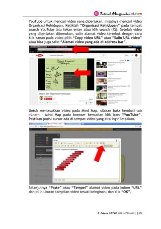 Tutorial Menggunakan eLearn
R. Zakaria (HP/WA. 0813-4788-6633) | 25
YouTube untuk mencari video yang diperlukan, misalnya mencari video
Organisasi Kehidupan. Ketiklah “Organisasi Kehidupan” pada tempat
search YouTube lalu tekan enter atau klik search ( ). Setelah video
yang diperlukan ditemukan, salin alamat video tersebut dengan cara
klik kanan pada video pilih “Copy video URL” atau “Salin URL video”
atau bisa juga salin “Alamat video yang ada di address bar”.
Untuk memasukkan video pada Mind Map, silakan buka kembali tab
eLearn – Mind Map pada browser kemudian klik icon “YouTube”.
Pastikan posisi kursor ada di tempat video yang kita ingin letakkan.
Selanjutnya “Paste” atau “Tempel” alamat video pada kolom “URL”
dan pilih ukuran tampilan video sesuai keinginan, dan klik “OK”.
 