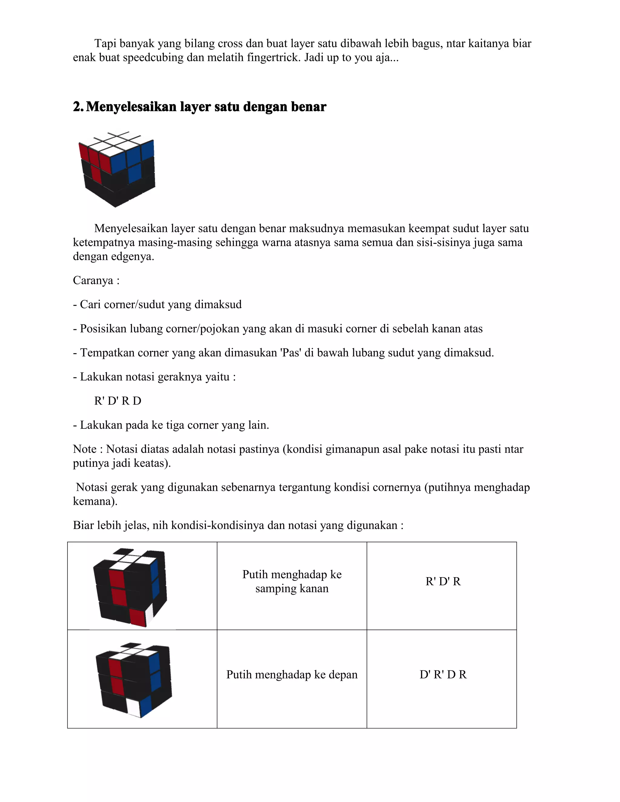 Tapi banyak yang bilang cross dan buat layer satu dibawah lebih bagus, ntar kaitanya biar
enak buat speedcubing dan melatih fingertrick. Jadi up to you aja...



2. Menyelesaikan layer satu dengan benar




    Menyelesaikan layer satu dengan benar maksudnya memasukan keempat sudut layer satu
ketempatnya masing-masing sehingga warna atasnya sama semua dan sisi-sisinya juga sama
dengan edgenya.
Caranya :
- Cari corner/sudut yang dimaksud
- Posisikan lubang corner/pojokan yang akan di masuki corner di sebelah kanan atas
- Tempatkan corner yang akan dimasukan 'Pas' di bawah lubang sudut yang dimaksud.
- Lakukan notasi geraknya yaitu :
    R' D' R D
- Lakukan pada ke tiga corner yang lain.
Note : Notasi diatas adalah notasi pastinya (kondisi gimanapun asal pake notasi itu pasti ntar
putinya jadi keatas).
 Notasi gerak yang digunakan sebenarnya tergantung kondisi cornernya (putihnya menghadap
kemana).
Biar lebih jelas, nih kondisi-kondisinya dan notasi yang digunakan :



                                    Putih menghadap ke
                                                                         R' D' R
                                      samping kanan




                                Putih menghadap ke depan                D' R' D R
 