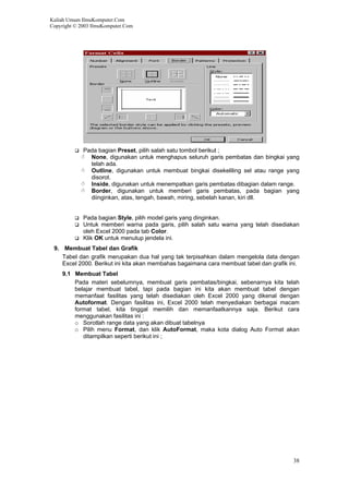 Kuliah Umum IlmuKomputer.Com
Copyright © 2003 IlmuKomputer.Com
Pada bagian Preset, pilih salah satu tombol berikut ;
None, digunakan untuk menghapus seluruh garis pembatas dan bingkai yang
telah ada.
Outline, digunakan untuk membuat bingkai disekeliling sel atau range yang
disorot.
Inside, digunakan untuk menempatkan garis pembatas dibagian dalam range.
Border, digunakan untuk memberi garis pembatas, pada bagian yang
diinginkan, atas, tengah, bawah, miring, sebelah kanan, kiri dll.
Pada bagian Style, pilih model garis yang dinginkan.
Untuk memberi warna pada garis, pilih salah satu warna yang telah disediakan
oleh Excel 2000 pada tab Color.
Klik OK untuk menutup jendela ini.
9. Membuat Tabel dan Grafik
Tabel dan grafik merupakan dua hal yang tak terpisahkan dalam mengelola data dengan
Excel 2000. Berikut ini kita akan membahas bagaimana cara membuat tabel dan grafik ini.
9.1 Membuat Tabel
Pada materi sebelumnya, membuat garis pembatas/bingkai, sebenarnya kita telah
belajar membuat tabel, tapi pada bagian ini kita akan membuat tabel dengan
memanfaat fasilitas yang telah disediakan oleh Excel 2000 yang dikenal dengan
Autoformat. Dengan fasilitas ini, Excel 2000 telah menyediakan berbagai macam
format tabel, kita tinggal memilih dan memanfaatkannya saja. Berikut cara
menggunakan fasilitas ini :
o Sorotlah range data yang akan dibuat tabelnya
o Pilih menu Format, dan klik AutoFormat, maka kota dialog Auto Format akan
ditampilkan seperti berikut ini ;
38
 